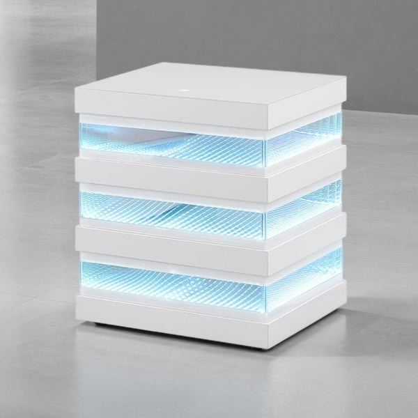 English Elm Led Light End Table with Bluetooth Speaker Wireless Charging and Glass Top in White B2741P562402