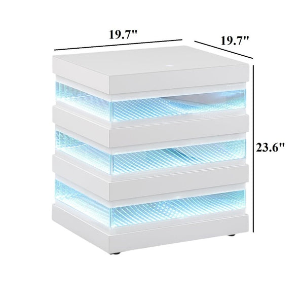 English Elm Led Light End Table with Bluetooth Speaker Wireless Charging and Glass Top in White B2741P562402