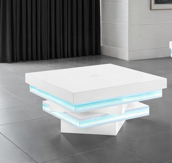English Elm White Gloss Glass Top Coffee Table with Bluetooth Speaker Wireless Charging and LED Lights B2741P562413