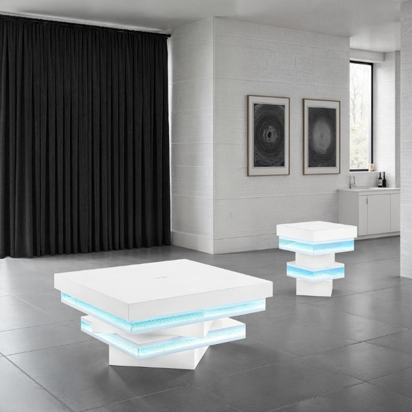 English Elm White Gloss Glass Top Coffee Table with Bluetooth Speaker Wireless Charging and LED Lights B2741P562413