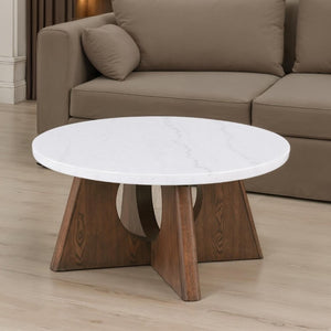 English Elm Modern Genuine Marble Top Round Coffee Table with Sculptural Oak Pedestal Base Living Room B2741P562487