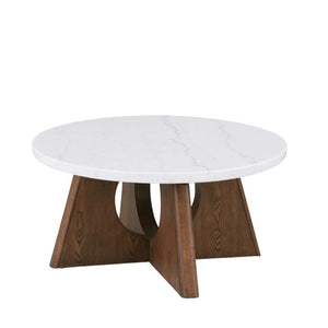 English Elm Modern Genuine Marble Top Round Coffee Table with Sculptural Oak Pedestal Base Living Room B2741P562487