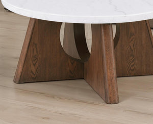 English Elm Modern Genuine Marble Top Round Coffee Table with Sculptural Oak Pedestal Base Living Room B2741P562487