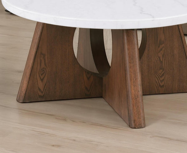 English Elm Modern Genuine Marble Top Round Coffee Table with Sculptural Oak Pedestal Base Living Room B2741P562487