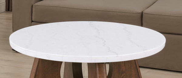 English Elm Modern Genuine Marble Top Round Coffee Table with Sculptural Oak Pedestal Base Living Room B2741P562487