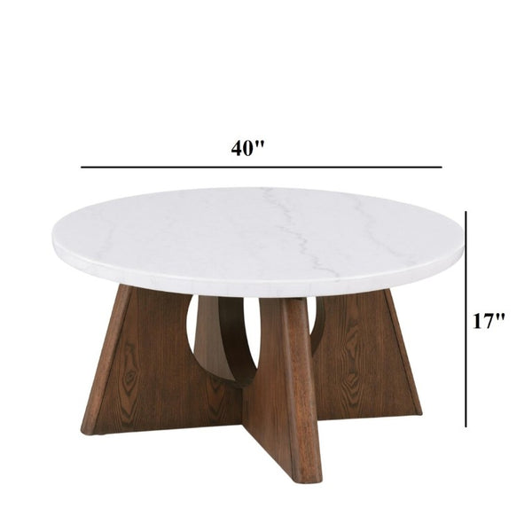 English Elm Modern Genuine Marble Top Round Coffee Table with Sculptural Oak Pedestal Base Living Room B2741P562487