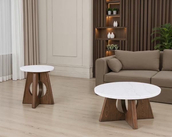 English Elm Modern Genuine Marble Top Round Coffee Table with Sculptural Oak Pedestal Base Living Room B2741P562487