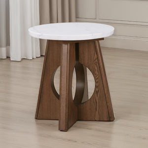 English Elm 1Pc Genuine Marble Top End Table with Sculptural Oak Pedestal Base for Modern Living Rooms B2741P562494