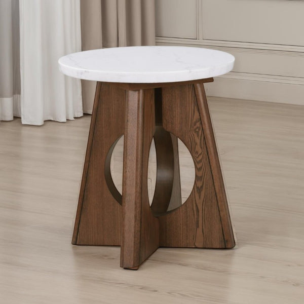 English Elm 1Pc Genuine Marble Top End Table with Sculptural Oak Pedestal Base for Modern Living Rooms B2741P562494