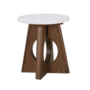 English Elm 1Pc Genuine Marble Top End Table with Sculptural Oak Pedestal Base for Modern Living Rooms B2741P562494