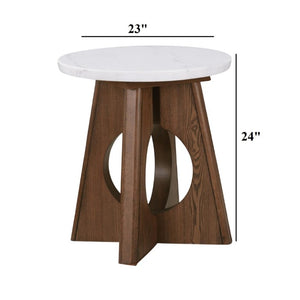English Elm 1Pc Genuine Marble Top End Table with Sculptural Oak Pedestal Base for Modern Living Rooms B2741P562494