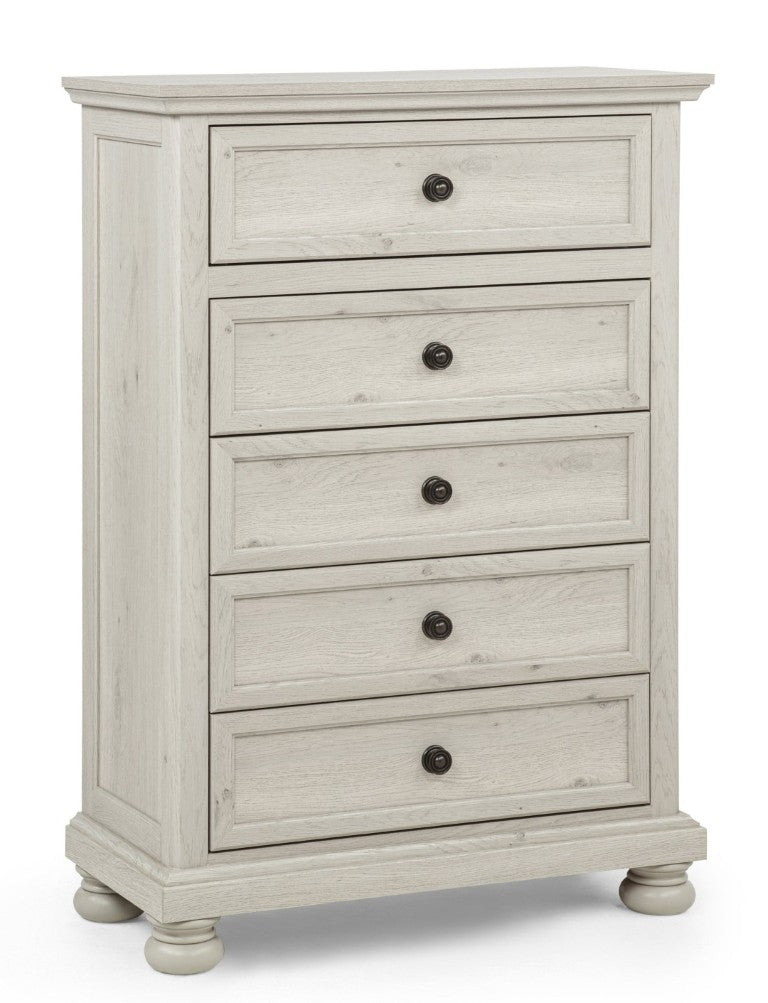 English Elm Contemporary Walnut Five Drawer Tall Chest Smooth Glides Warm Wood Bedroom Storage Antique White B2741P562509