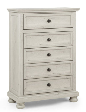 English Elm Contemporary Walnut Five Drawer Tall Chest Smooth Glides Warm Wood Bedroom Storage Antique White B2741P562509