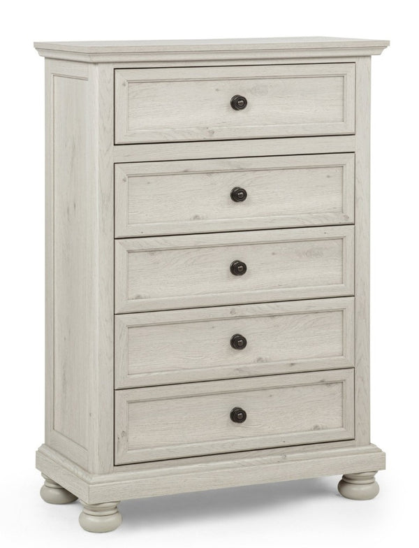 English Elm Contemporary Walnut Five Drawer Tall Chest Smooth Glides Warm Wood Bedroom Storage Antique White B2741P562509
