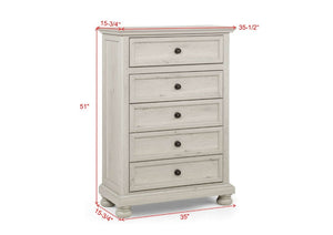 English Elm Contemporary Walnut Five Drawer Tall Chest Smooth Glides Warm Wood Bedroom Storage Antique White B2741P562509