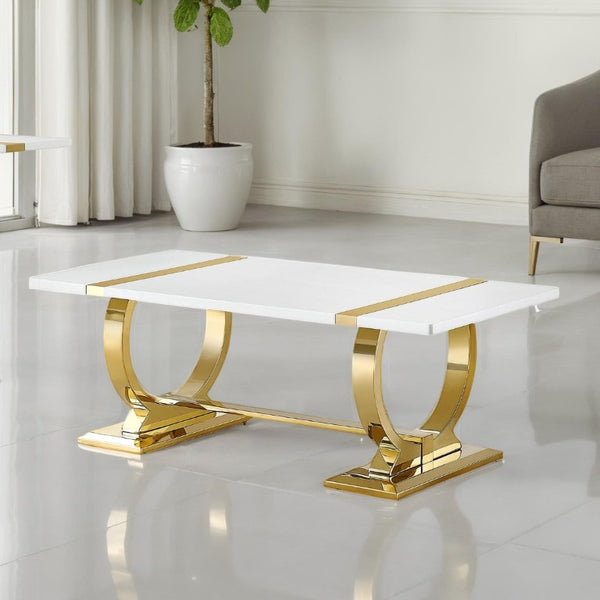 English Elm Contemporary Gold Trestle Base Rectangular Coffee Table White Top for Glam Living Rooms Gold/White B2741P564672