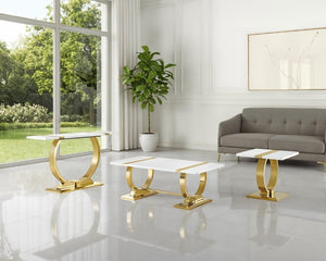 English Elm Contemporary Gold Trestle Base Rectangular Coffee Table White Top for Glam Living Rooms Gold/White B2741P564672