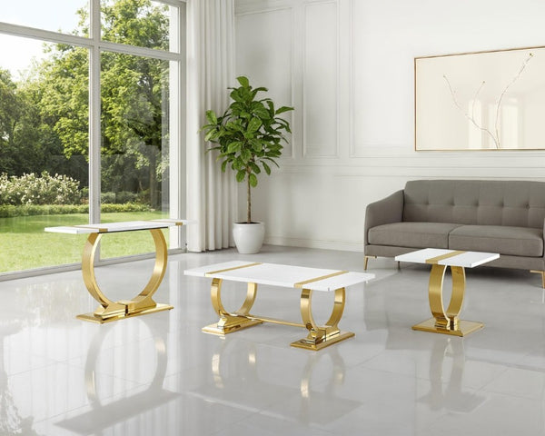 English Elm Contemporary Gold Trestle Base Rectangular Coffee Table White Top for Glam Living Rooms Gold/White B2741P564672