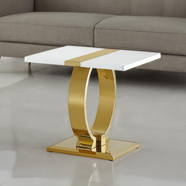 English Elm Gold Sculptural O-Base End Table with Polished Metal Frame for Upscale Living Rooms Gold, White B2741P564678