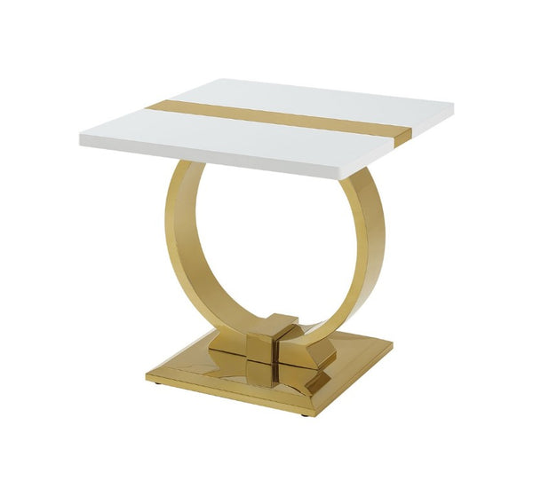 English Elm Gold Sculptural O-Base End Table with Polished Metal Frame for Upscale Living Rooms Gold, White B2741P564678