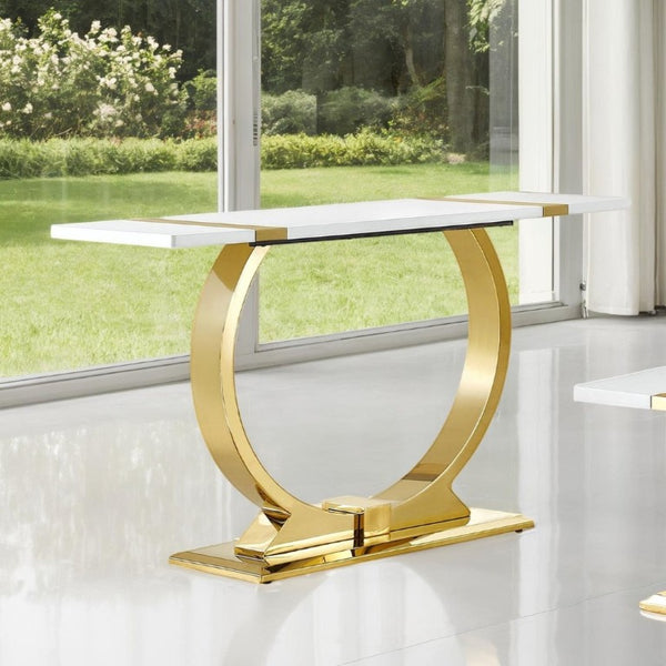 English Elm 1Pc Sofa Table Geometric Stainless Steel Trestle Base Open Frame Contemporary Console Gold, White B2741P564682