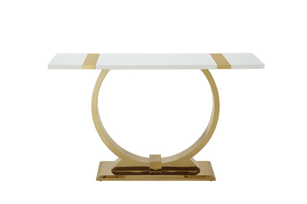 English Elm 1Pc Sofa Table Geometric Stainless Steel Trestle Base Open Frame Contemporary Console Gold, White B2741P564682