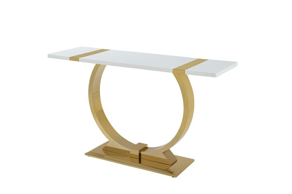 English Elm 1Pc Sofa Table Geometric Stainless Steel Trestle Base Open Frame Contemporary Console Gold, White B2741P564682