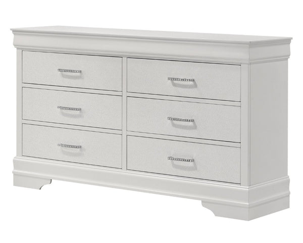 English Elm Modern Six Drawer Dresser White Wood Veneer with Crystal Tufted Pulls for Bedroom Storage B2741P564699