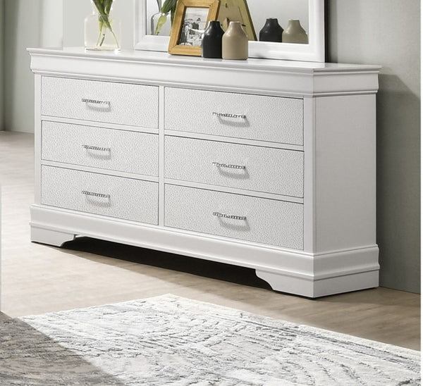 English Elm Modern Six Drawer Dresser White Wood Veneer with Crystal Tufted Pulls for Bedroom Storage B2741P564699