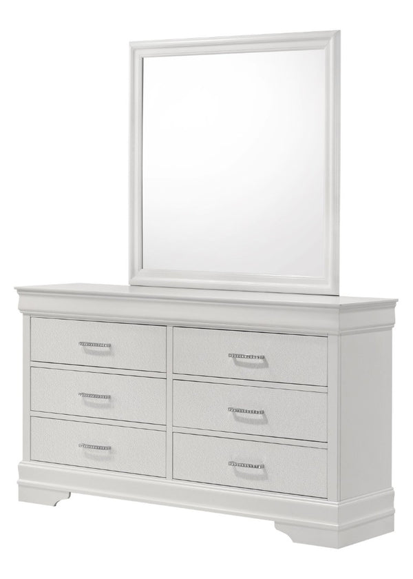 English Elm Modern Six Drawer Dresser White Wood Veneer with Crystal Tufted Pulls for Bedroom Storage B2741P564699