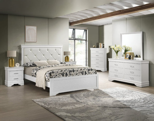 English Elm Modern Six Drawer Dresser White Wood Veneer with Crystal Tufted Pulls for Bedroom Storage B2741P564699