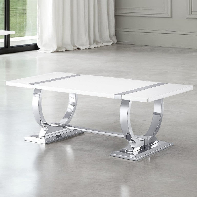 English Elm Contemporary Rectangular Coffee Table White Engineered Top Polished Silver Trestle Base B2741P564704