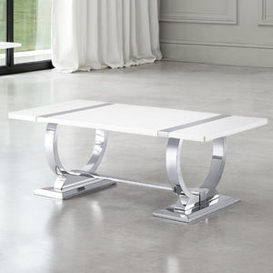 English Elm Contemporary Rectangular Coffee Table White Engineered Top Polished Silver Trestle Base B2741P564704