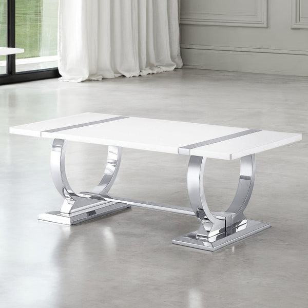 English Elm Contemporary Rectangular Coffee Table White Engineered Top Polished Silver Trestle Base B2741P564704