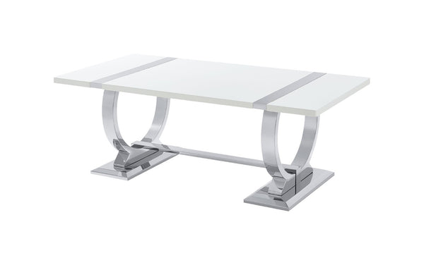 English Elm Contemporary Rectangular Coffee Table White Engineered Top Polished Silver Trestle Base B2741P564704