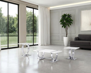 English Elm Contemporary Rectangular Coffee Table White Engineered Top Polished Silver Trestle Base B2741P564704