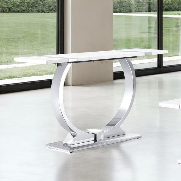 English Elm 1Pc Sofa Table Geometric Stainless Steel Trestle Base Open Frame Contemporary Console Silver, White B2741P564709