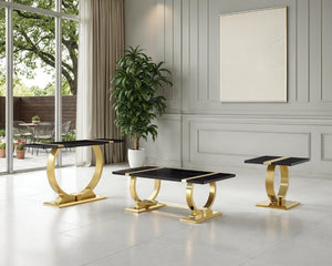 English Elm Contemporary Gold Trestle Base Rectangular Coffee Table White Top for Glam Living Rooms Black/Gold B2741P564795