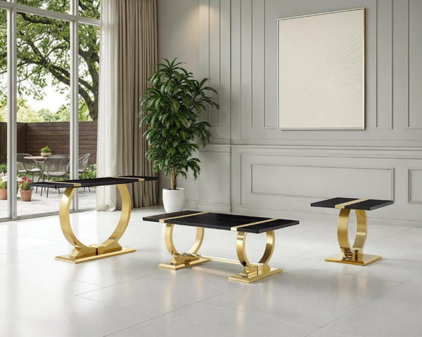 English Elm Contemporary Gold Trestle Base Rectangular Coffee Table White Top for Glam Living Rooms Black/Gold B2741P564795