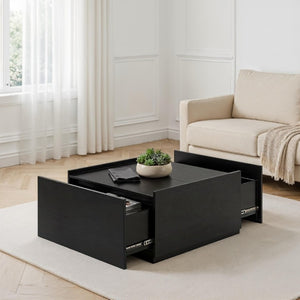 English Elm Transitional Square Coffee Table with Dual Access Drawers for Modern Living Rooms Black B2741P564811