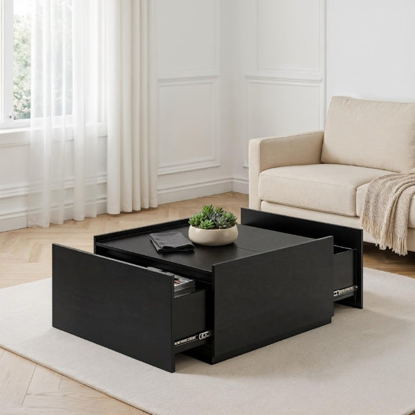 English Elm Transitional Square Coffee Table with Dual Access Drawers for Modern Living Rooms Black B2741P564811