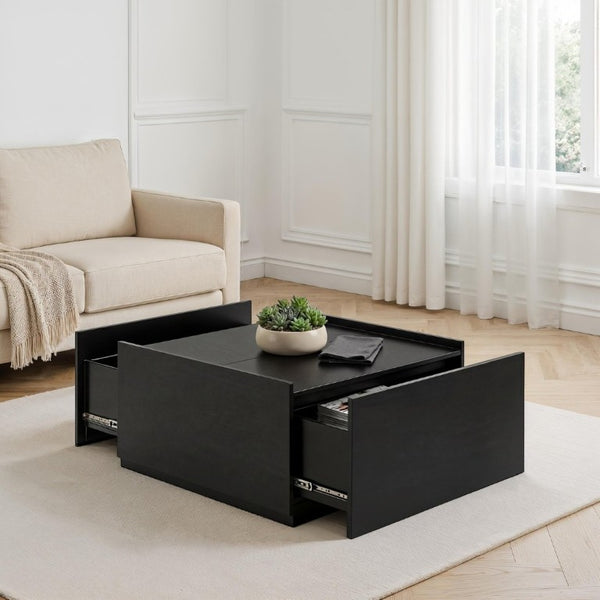 English Elm Transitional Square Coffee Table with Dual Access Drawers for Modern Living Rooms Black B2741P564811