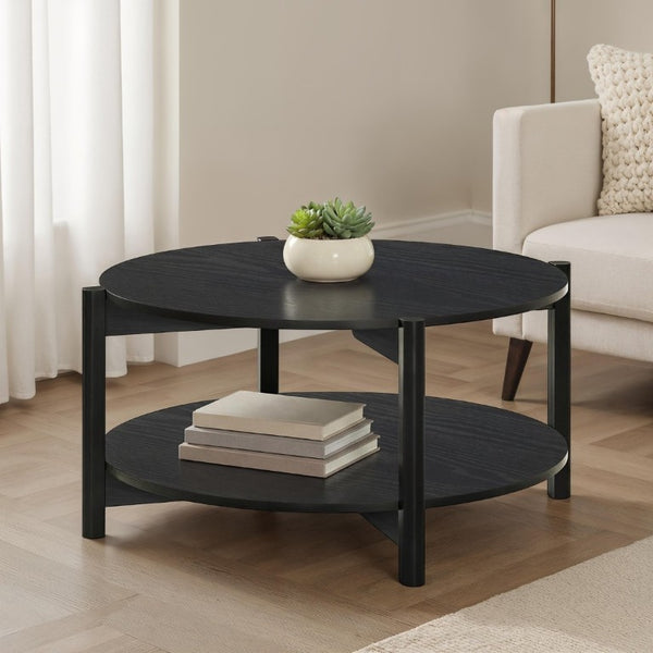 English Elm Transitional Round Coffee Table with Open Shelf Low Profile Wood Grain Living Room Black B2741P564814