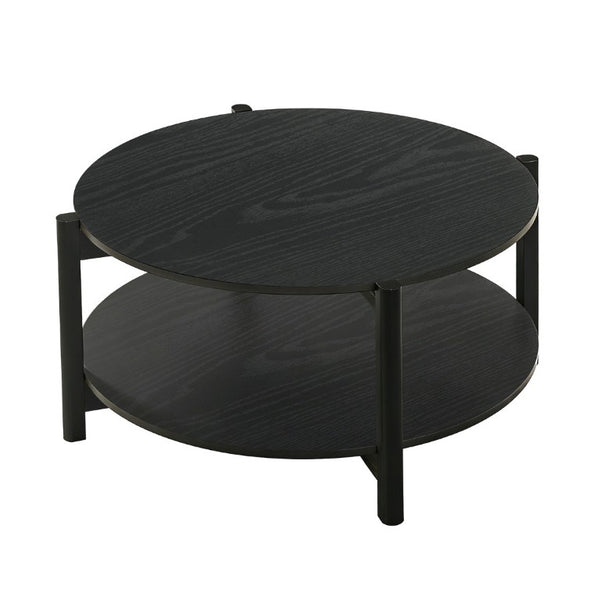 English Elm Transitional Round Coffee Table with Open Shelf Low Profile Wood Grain Living Room Black B2741P564814