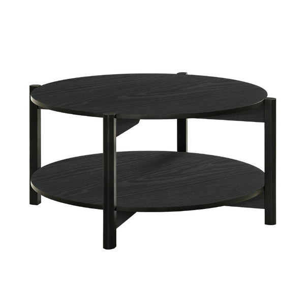 English Elm Transitional Round Coffee Table with Open Shelf Low Profile Wood Grain Living Room Black B2741P564814