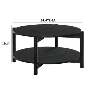 English Elm Transitional Round Coffee Table with Open Shelf Low Profile Wood Grain Living Room Black B2741P564814