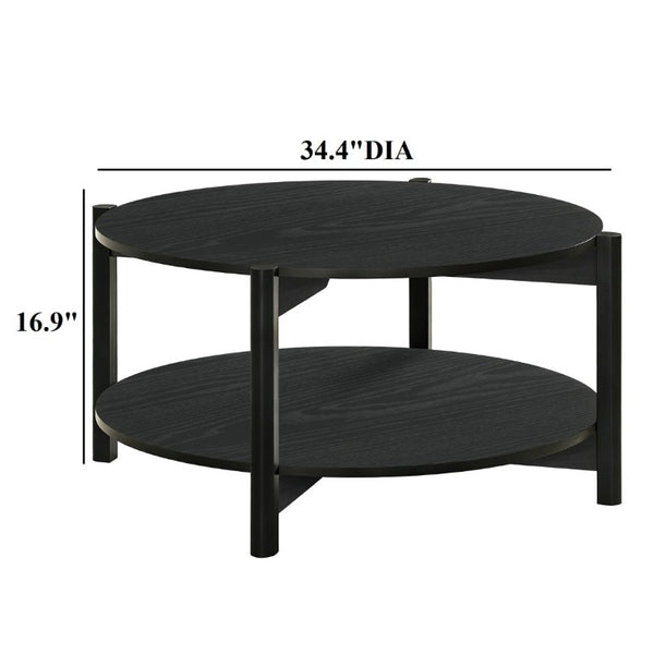 English Elm Transitional Round Coffee Table with Open Shelf Low Profile Wood Grain Living Room Black B2741P564814