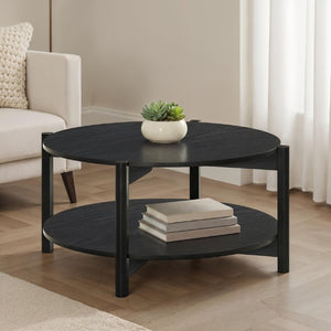 English Elm Transitional Round Coffee Table with Open Shelf Low Profile Wood Grain Living Room Black B2741P564814