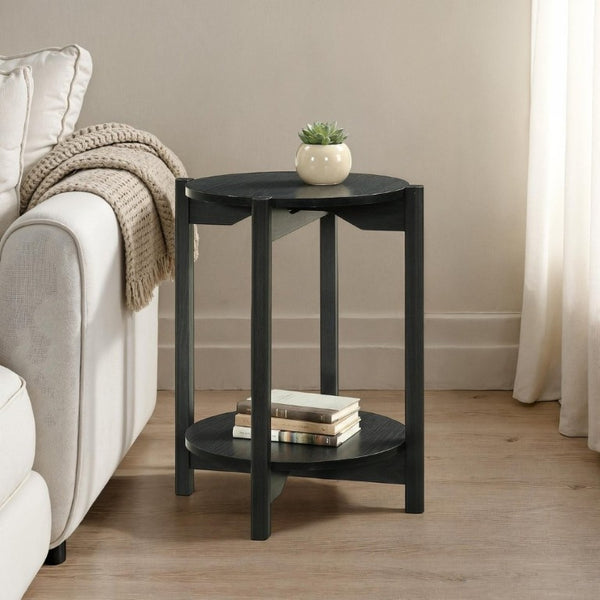 English Elm 1Pc Round End Table with Open Shelf Matte Wood Grain Finish for Living Room Black B2741P564815