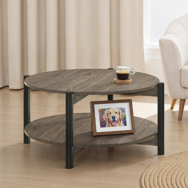English Elm Transitional Round Coffee Table with Open Shelf Low Profile Wood Grain Living Room Dark Gray B2741P565568